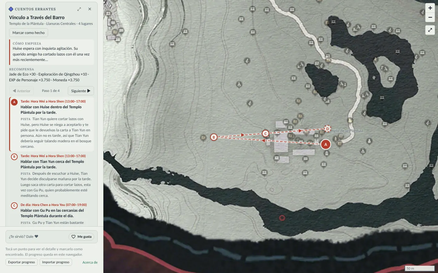 El cuento Vínculo a Través del Barro en el mapa, con sus cuatro pasos marcados de la A a la D y la hora del juego en cada uno