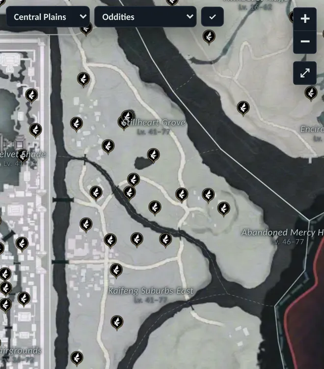 Floating mini-map showing the oddities outside Kaifeng