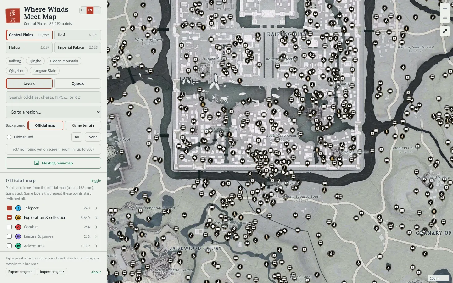 Where Winds Meet interactive map of Kaifeng with oddities, chests, Meow Meow and Boundary Stones