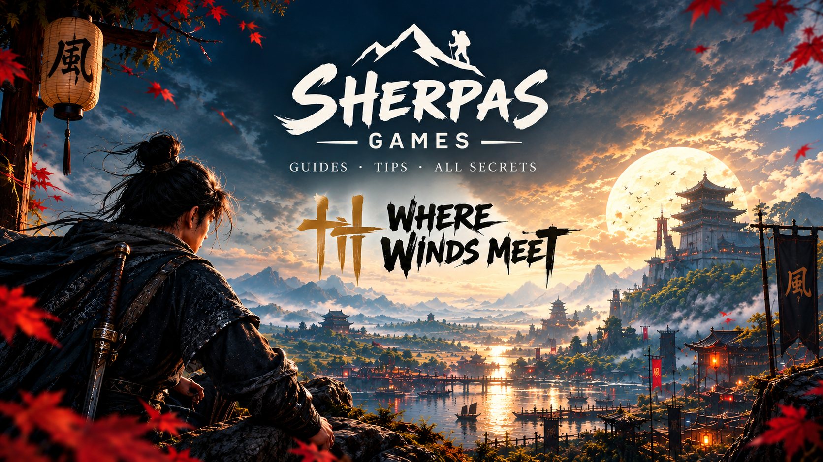 Portada de Sherpas Games para Where Winds Meet: un espadachín mira un lago al atardecer, con la luna llena, una pagoda y hojas de arce rojas